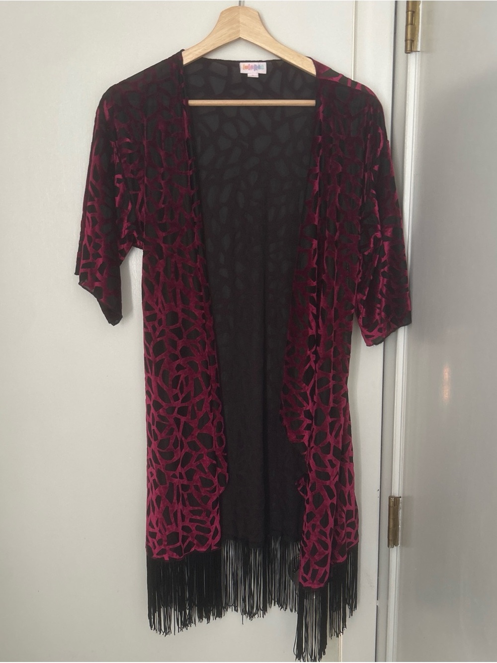 Velvet Overlay Kimono with Fringe - Magenta and Black